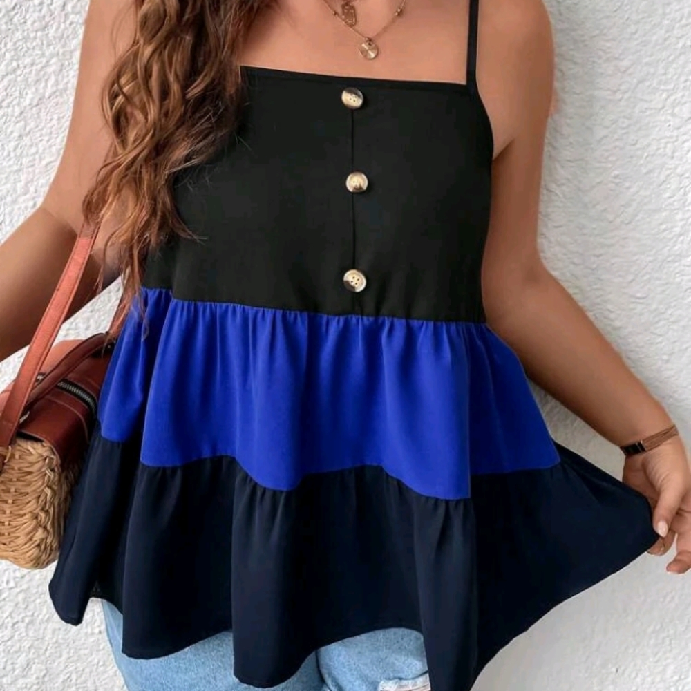 Colorblock Button Front Ruffle Hem Cami Top - Picture 4 of 5